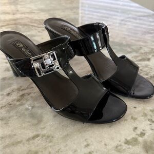 Brighton Black Patent Sandals with Silver Buckle